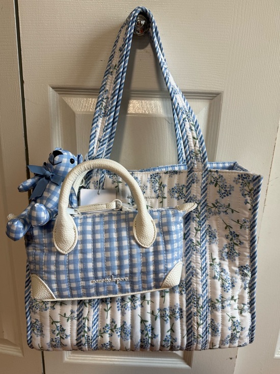 Nanette Lepore Handbags - Nanette Lepore Blue Gingham & Floral Quilted Tote with Mini Satchel. NWT 3 piece